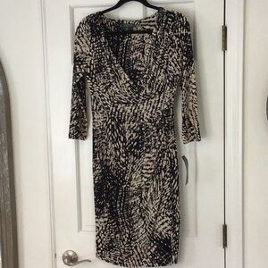 Elegant Black,Cream & Grey Patterned Dress Ralph Lauren, wrap top, rush waisted